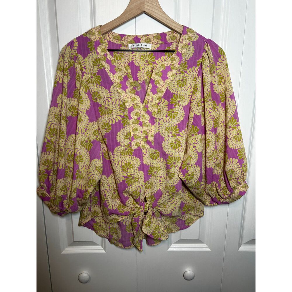 Rose + Olive Pink and Green Floral Tie-Front V-Neck Puff Sleeve Blouse